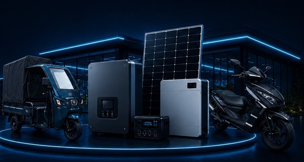Triciclo eléctrico, inversor, panel solar, batería, estación de carga y scooter eléctrico